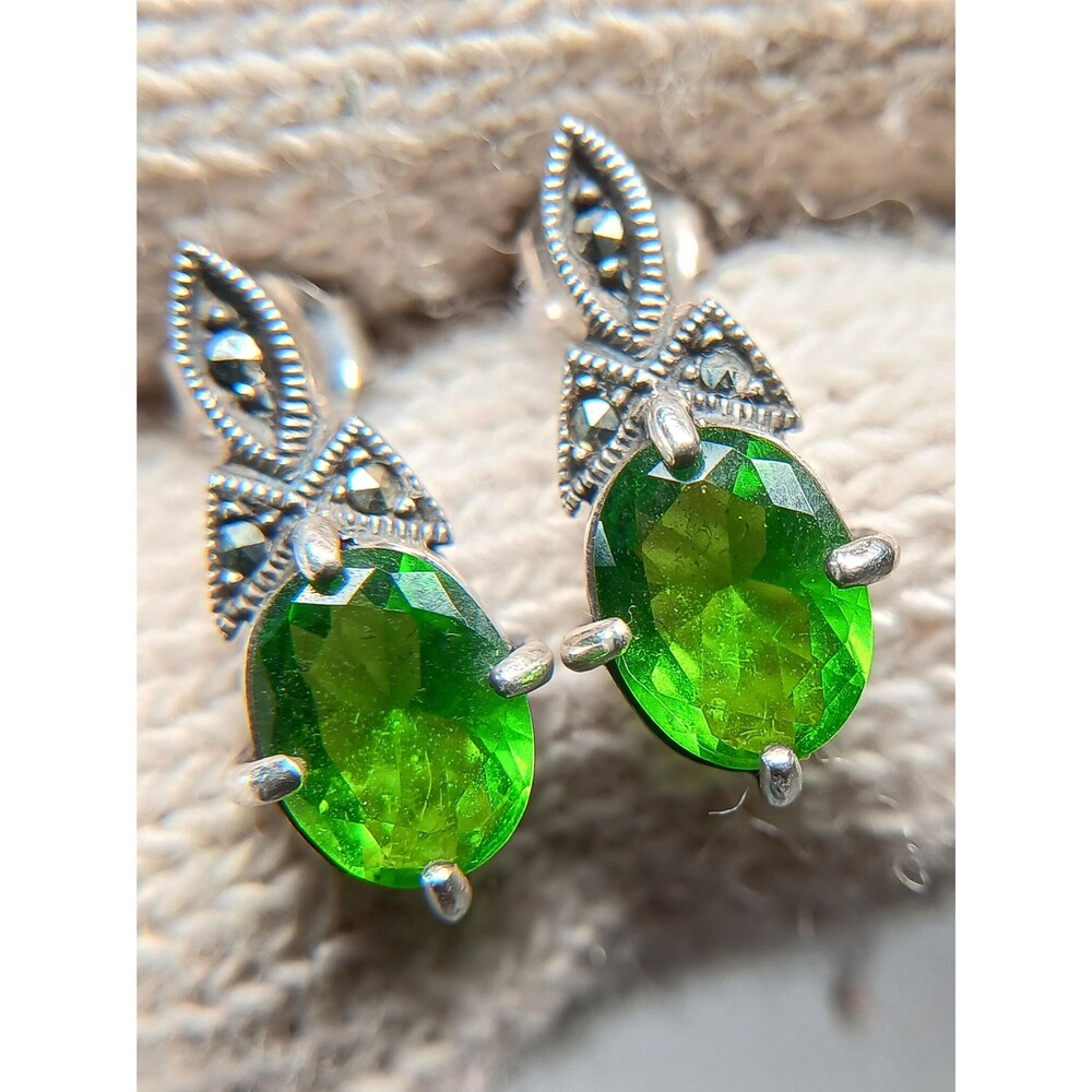 Sterling Silver 925 Marcasite Green Glass Stud Earrings 0.625"
